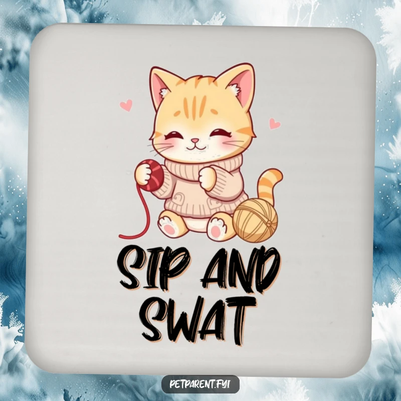 Funny drink coaster featuring a playful cat character in a sweater batting yarn, protecting surfaces with fun.