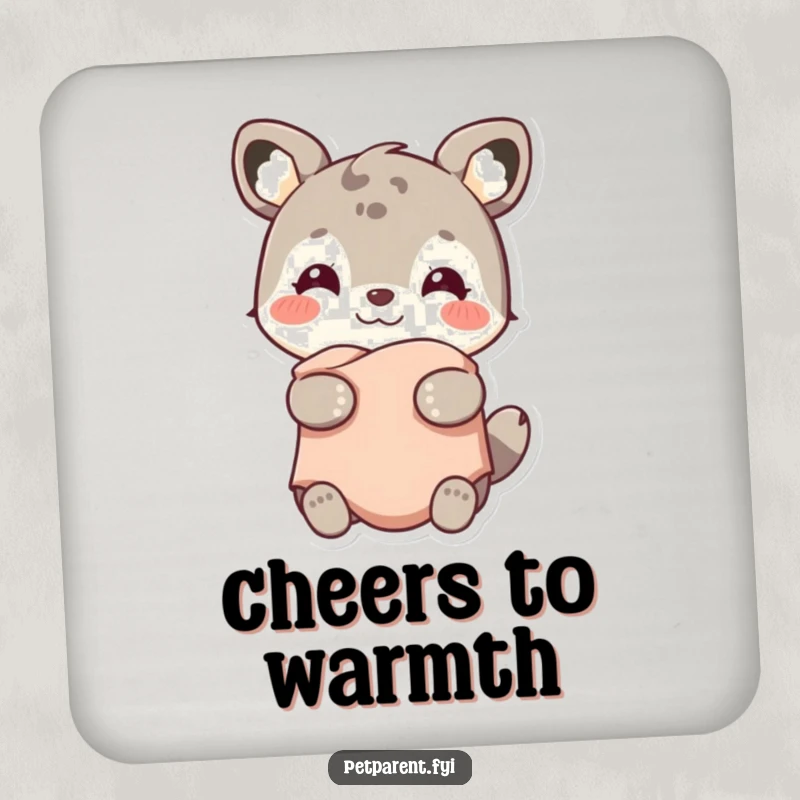 Funny drink coaster featuring a smiling animal character holding a warm blanket, a humorous table protector.