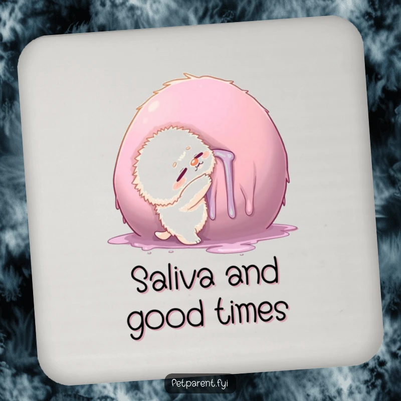 Funny drink coaster with a small fluffy creature hugging a large, drool-covered object, adding comic affection to drinks.