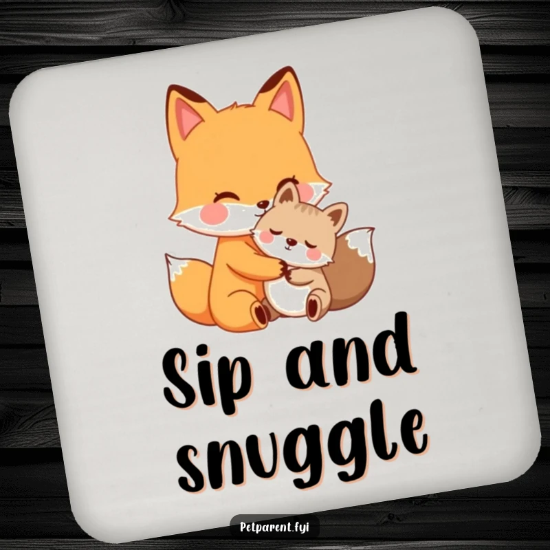 Funny fox hug coaster set, caring fox character giving a warm hug to a smaller animal, humorous and functional drink protection.