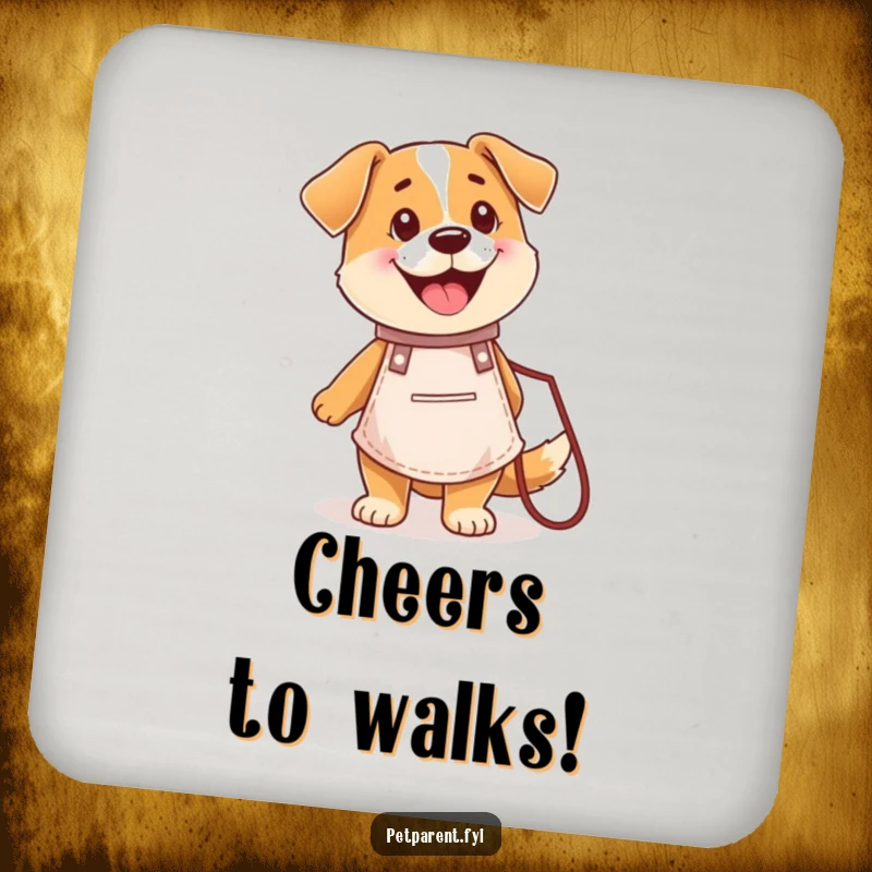 Funny drink coaster featuring a happy dog character in an apron holding a leash, protecting surfaces with cheer.