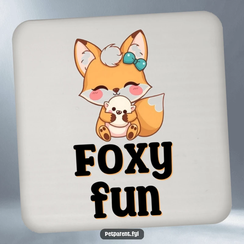 Funny Kawaii Fox Coasters (Set of 4): Cute Kawaii fox characters holding fluffy toys, protecting surfaces with style and charm.