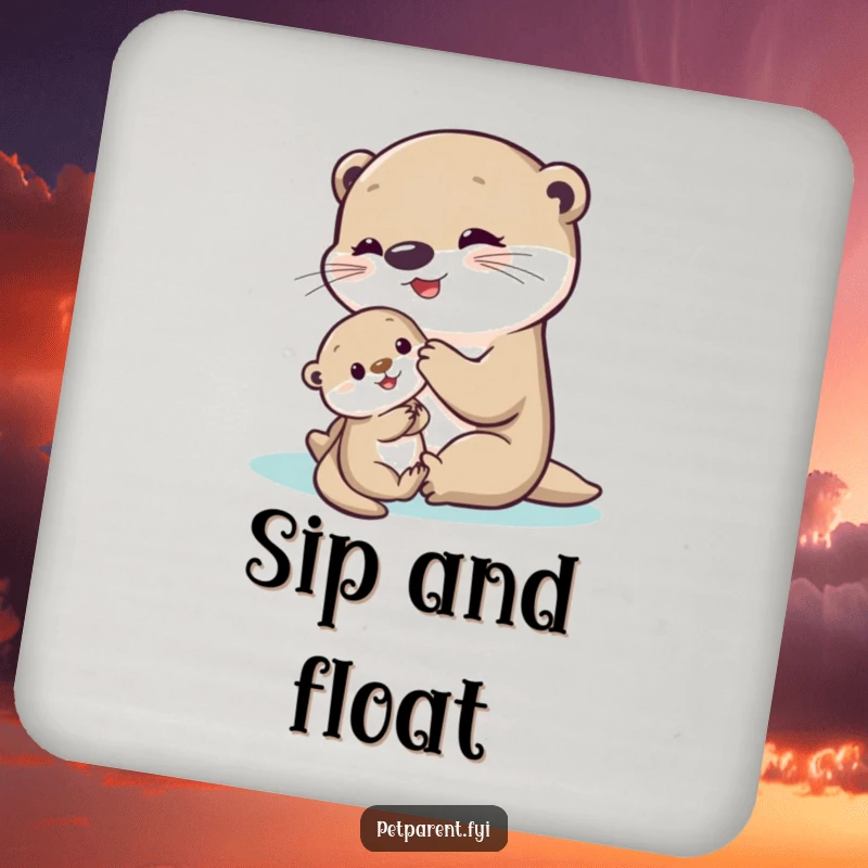 Funny Otter Coasters featuring a delighted otter interacting with a shy baby otter, adding cute and humorous protection to tables.