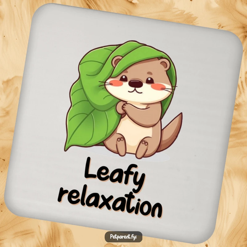 Funny drink coaster featuring a whimsical otter using a large leaf as a blanket, protecting surfaces with a dose of charming and humorous nature.