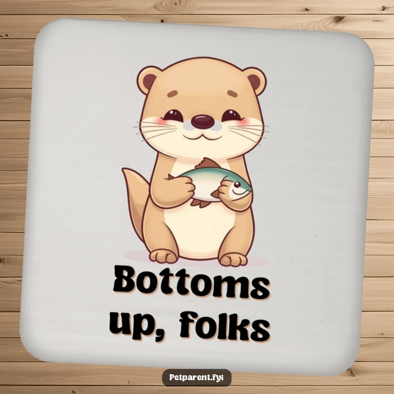 Funny and successful cartoon otter character holding a tiny fish, featured on protective drink coasters.
