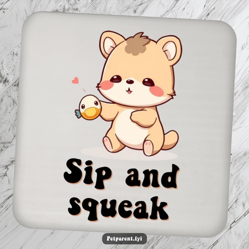 Funny playful animal drink coaster with a character tossing a tiny squeaky toy. Humorous coaster gift.