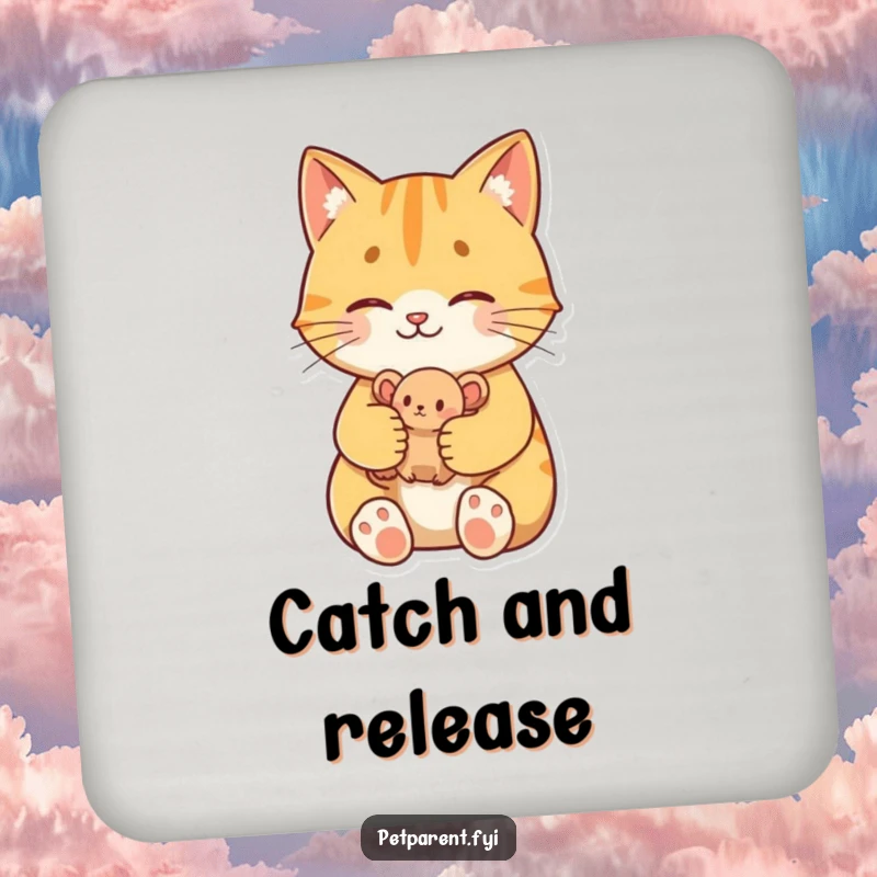 Funny Proud Cat Coasters: A proud cat character holding a toy mouse, adding humorous protection to surfaces.