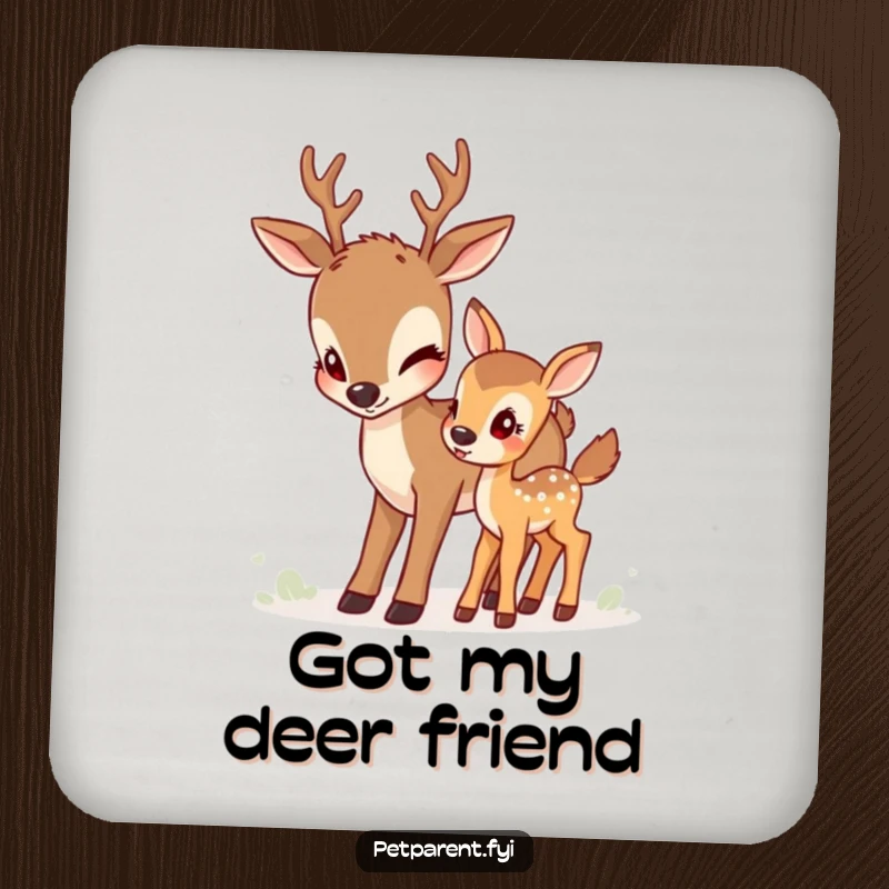 Funny deer coasters showing a devoted deer character nudging her fawn, symbolizing guidance and adding a touch of humor to drink service.