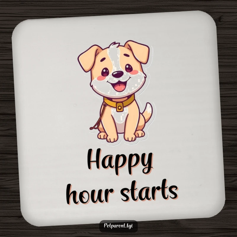 Funny Dog Coaster: A happy dog with a tiny leash and collar is ready for a walk. A humorous and practical item.