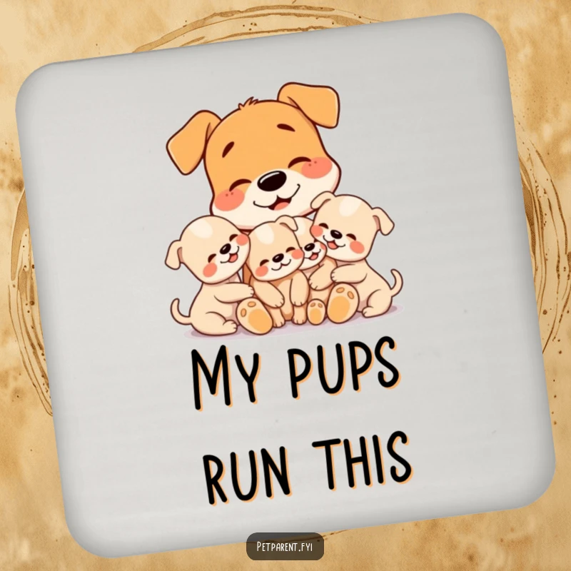 Funny drink coasters featuring a dog character lovingly cuddling three tiny puppies, adding a touch of warmth to any table.