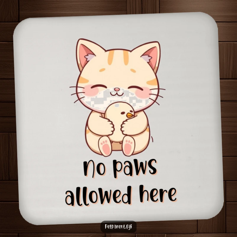 Funny Drink Coaster: A cat gently cradles a tiny, sleepy bird, a heartwarming and humorous design to protect surfaces.