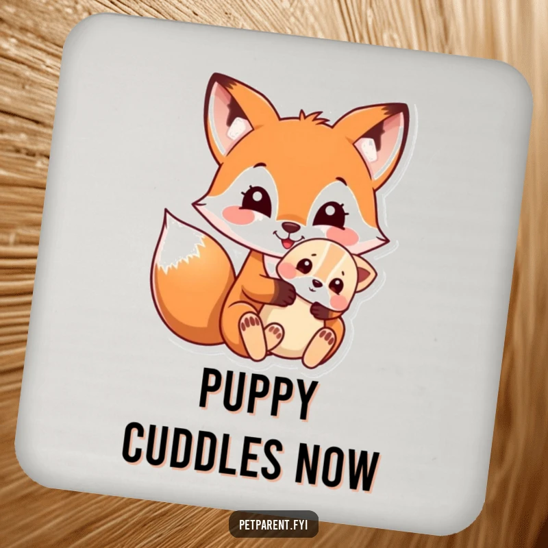 Funny drink coasters featuring a sweet fox and puppy design, protecting surfaces with adorable charm.
