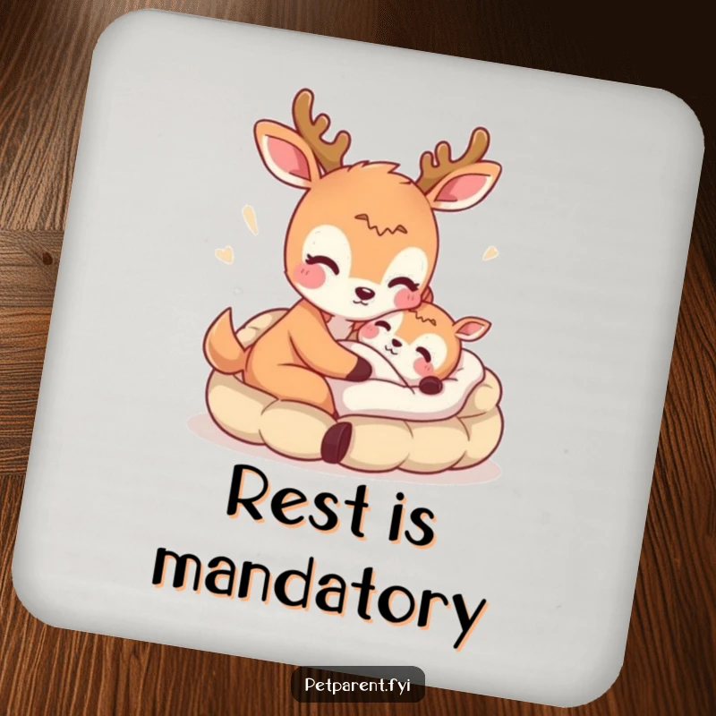 Funny drink coaster featuring a deer offering a bed, protecting surfaces with charming animal-themed humor.