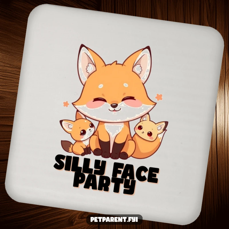 Funny drink coaster featuring a playful fox character making a comical silly face, protecting surfaces with a touch of humor.