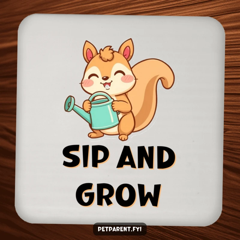 Funny drink coasters with a joyful squirrel holding a watering can, adding garden charm to any table.