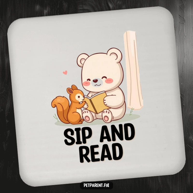 Funny drink coasters featuring a content bear reading a small book to a squirrel, protecting surfaces with storybook charm.