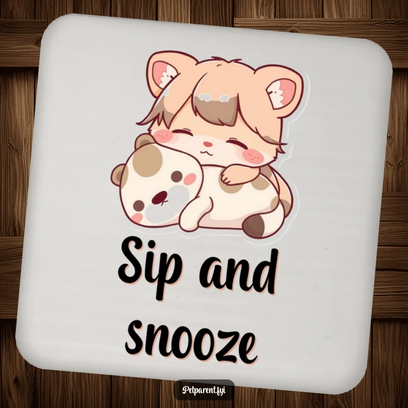 Funny Coasters featuring a contented animal character resting peacefully with a pet. A cute and practical funny gift for housewarmings or animal lovers.