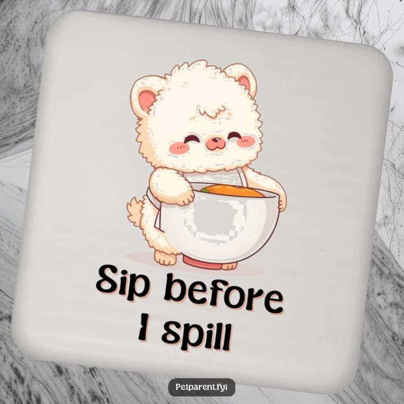 Funny drink coaster with a fluffy creature in a small apron fumbling with a giant food bowl, adding comic kitchen flair.