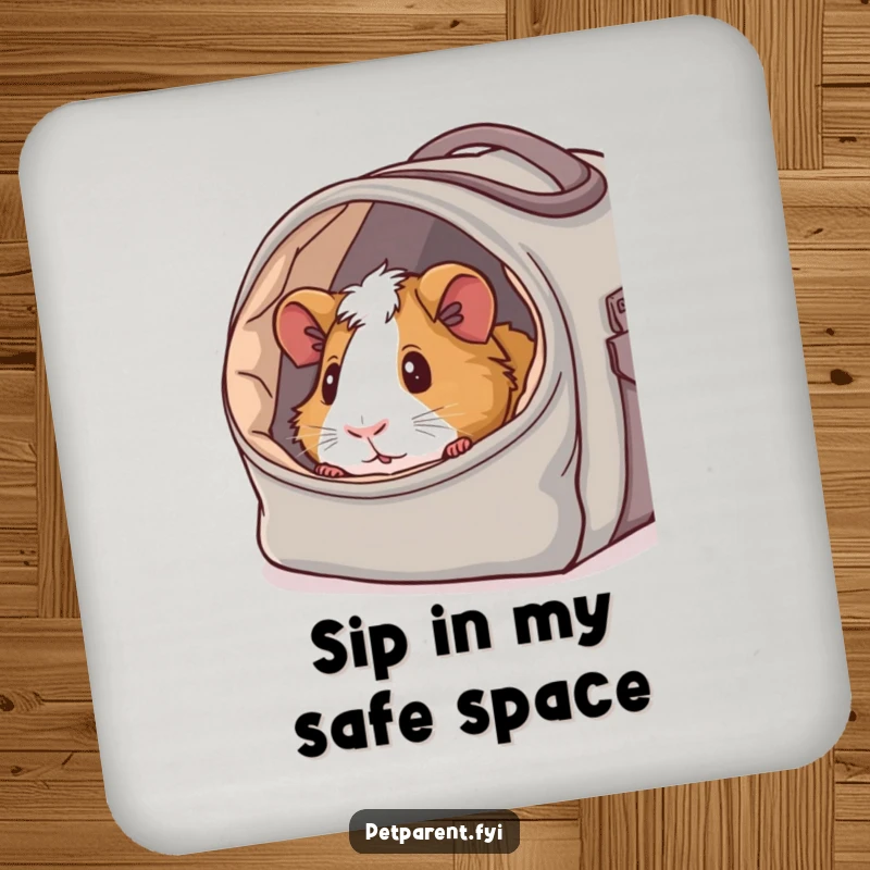 Funny drink coaster with a content guinea pig peeking from a cozy carrier bag, offering a humorous and protective addition.