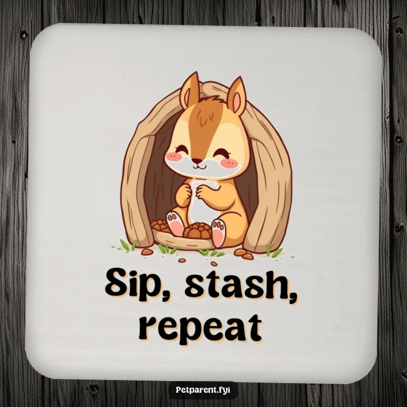 Funny and industrious cartoon squirrel character building a tiny den, featured on protective drink coasters.