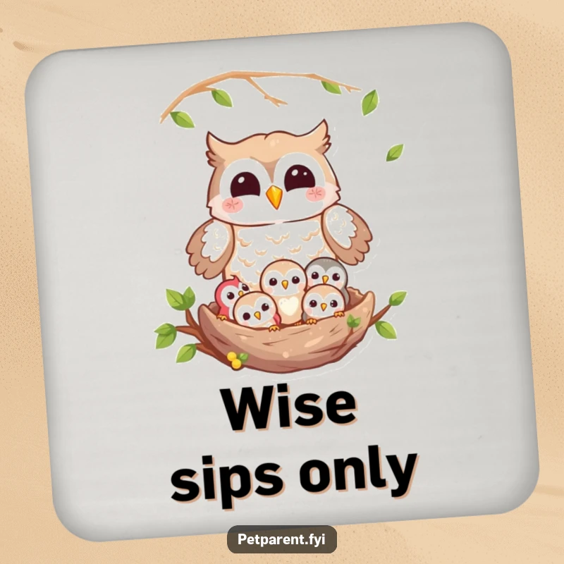 Funny owl coasters showing a joyful owl character protectively watching over a nest of owlets, adding a humorous touch to drink service.