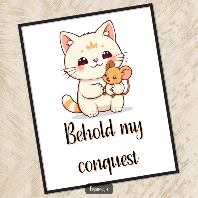 Funny poster featuring a proud cat character holding a tiny toy mouse, conveying humorous feline hunting success.