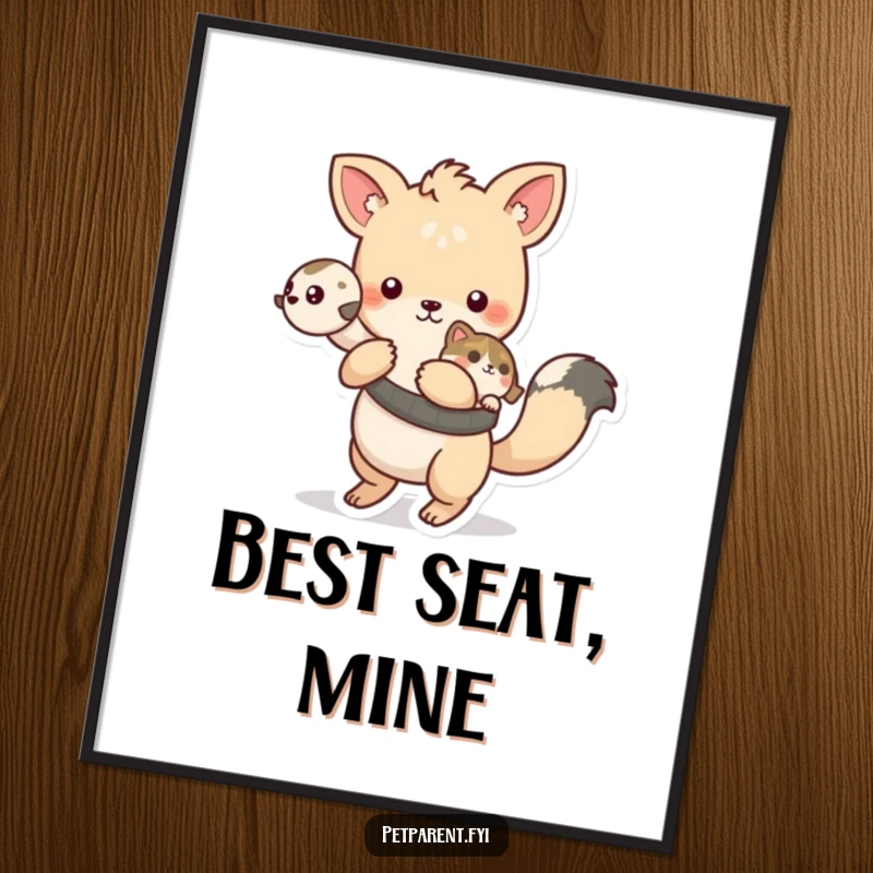 Funny playful animal character carrying a small pet on its back, displayed as charming wall art.