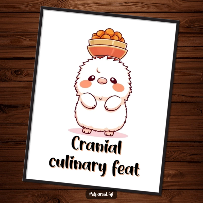 Funny poster of a fluffy creature precariously balancing food bowls on its head, symbolizing comic vulnerability.