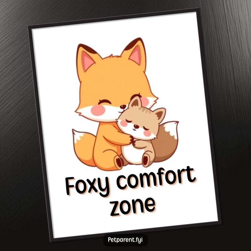 Funny fox hug poster, caring fox character offering a warm hug to a smaller animal, heartwarming and humorous wall art.