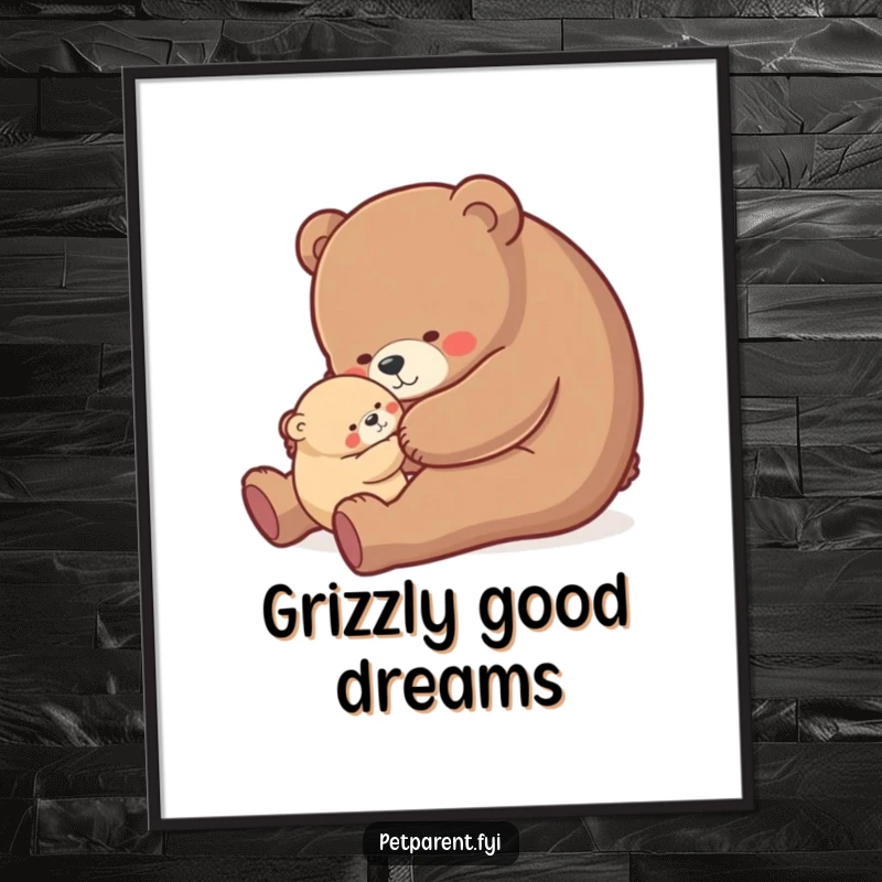 Funny bear hug poster, nurturing bear character gently rocking a small cub, heartwarming and humorous wall art.
