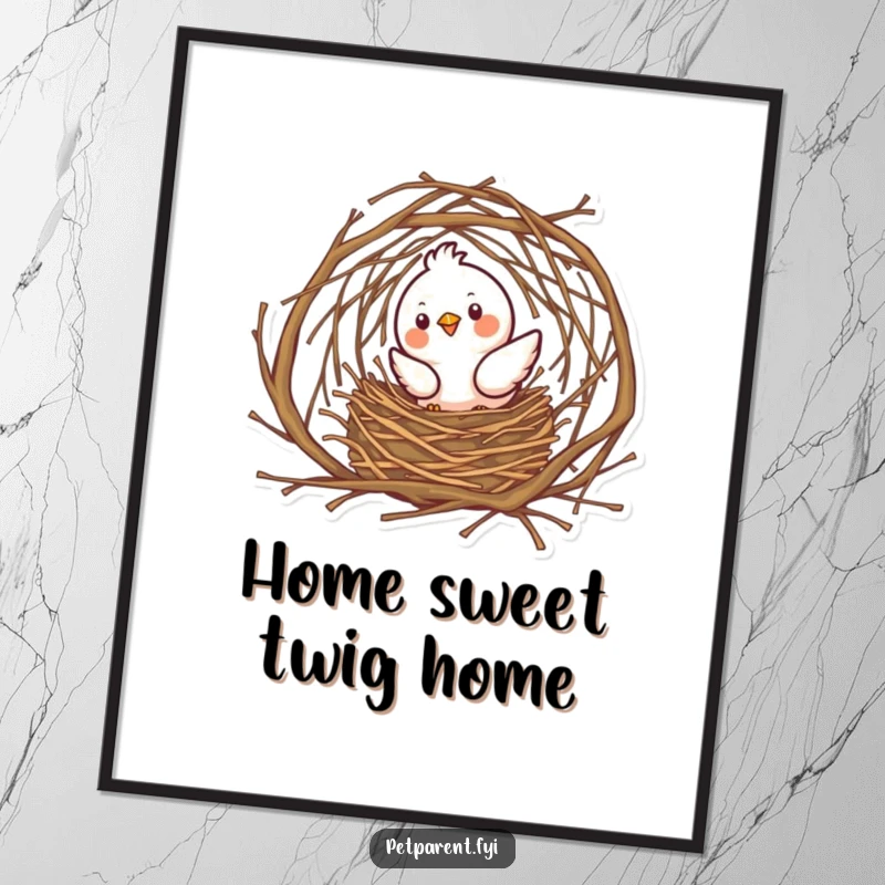 Funny bird meticulously building a detailed nest with tiny twigs against a backdrop, suitable for wall art.