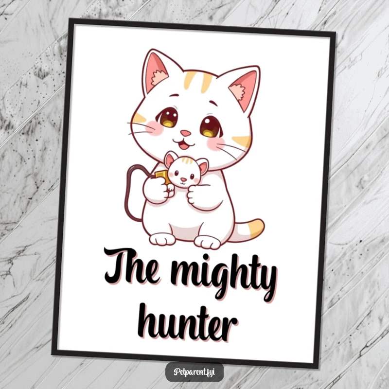 Funny Cat Poster: A proud cat victoriously holds a tiny toy mouse. Humorous wall art for cat lovers.