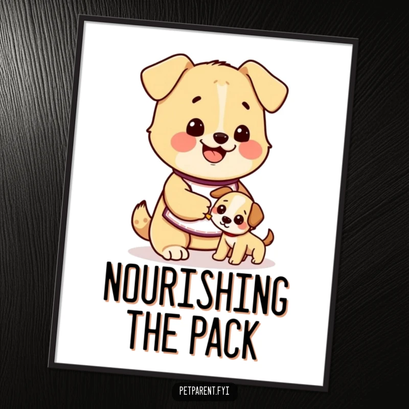 Funny dog art poster showing a cute character in an apron happily feeding a smaller puppy, perfect for heartwarming decor.