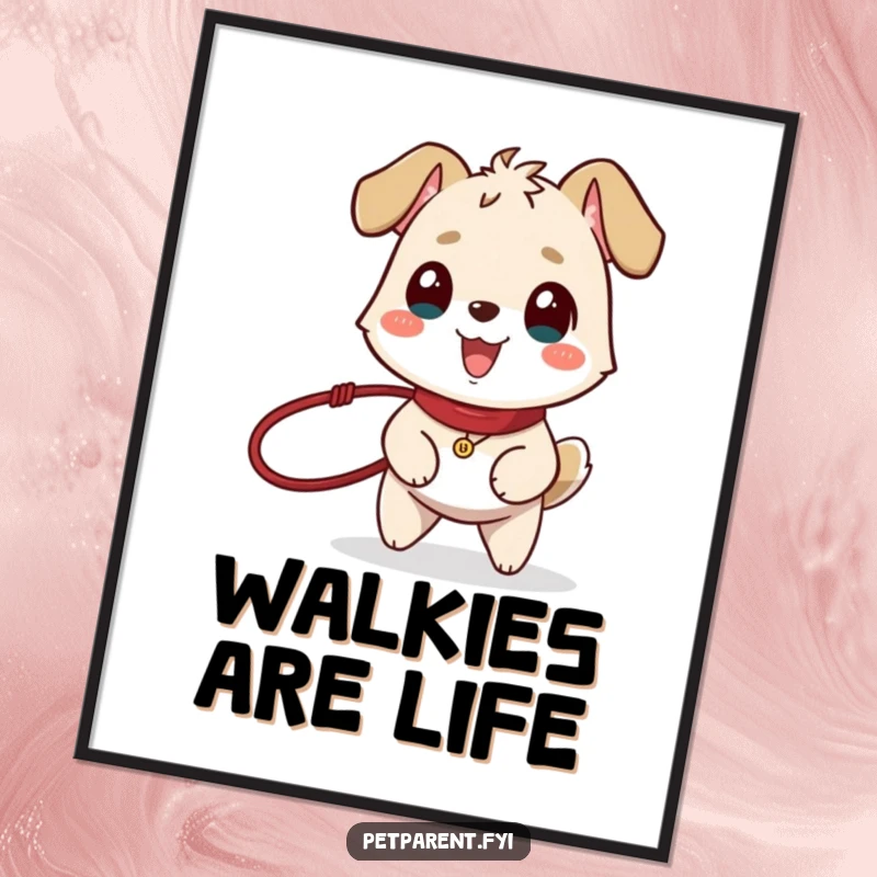 Funny poster art of a happy animal character holding a leash, tail wagging, symbolizing the pure joy of a walk.