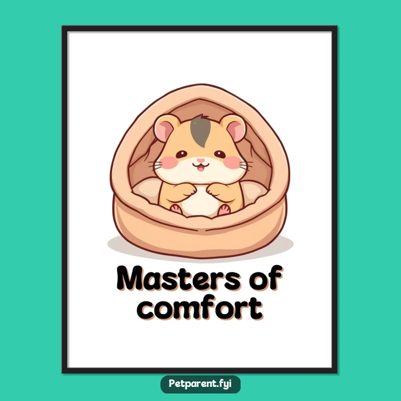 Funny Hamster Bed Poster: Cozy Creation Scene - Whimsical Wall Art Gift
