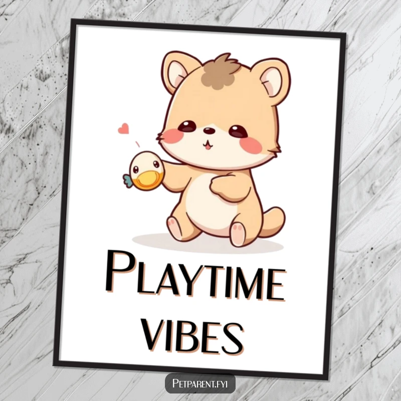 Funny playful animal poster art of a character tossing a tiny squeaky toy with excitement. Humorous wall decor.