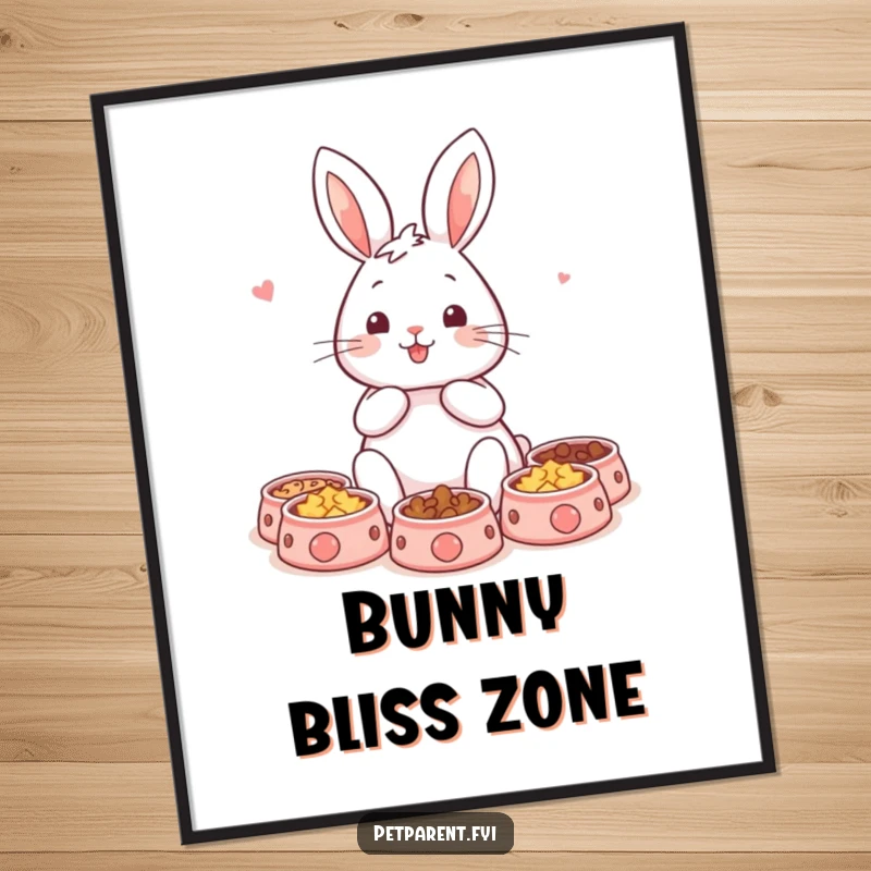 Funny rabbit poster showcasing a content character surrounded by miniature pet bowls, adding whimsical humor to any pet-themed decor. Excellent funny gift.