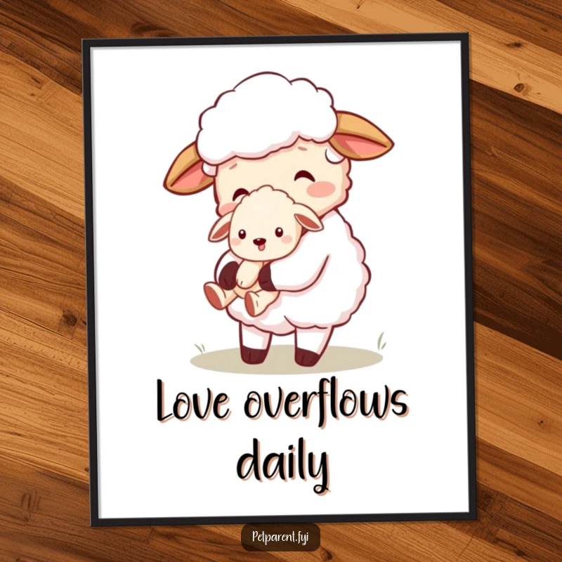 Funny and heartwarming wall art poster featuring a sheep tenderly carrying a small puppy, adding charm to any room.