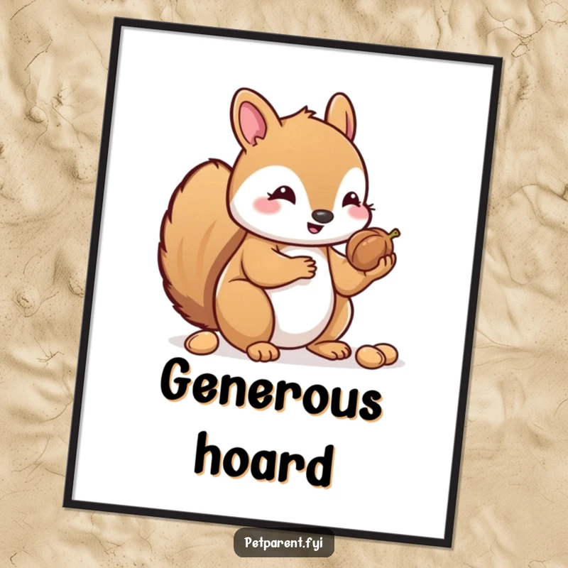 Funny Kawaii Squirrel Poster: Art print of a cute Kawaii squirrel carefully sharing its nuts, symbolizing generosity and care.
