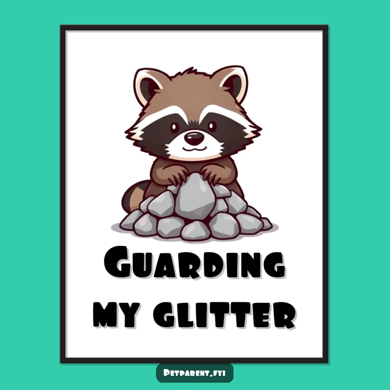 Funny Raccoon Treasure Poster: Shiny Rocks Scene - Whimsical Wall Art Gift