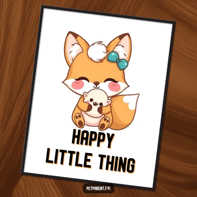 Funny Kawaii Fox Poster: An illustration of a happy Kawaii fox character hugging a small, fluffy toy, bringing cheerful vibes.