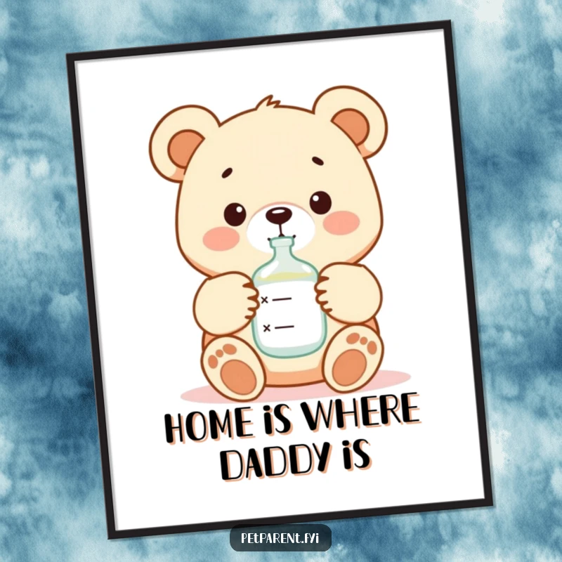 Funny and heartwarming wall art poster of a nurturing bear character offering formula from a bottle to a baby.