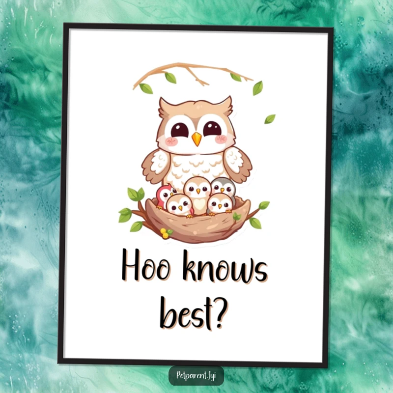 Funny owl poster capturing a joyful owl character attentively guarding a nest filled with cute, peeping owlets, creating a heartwarming scene.
