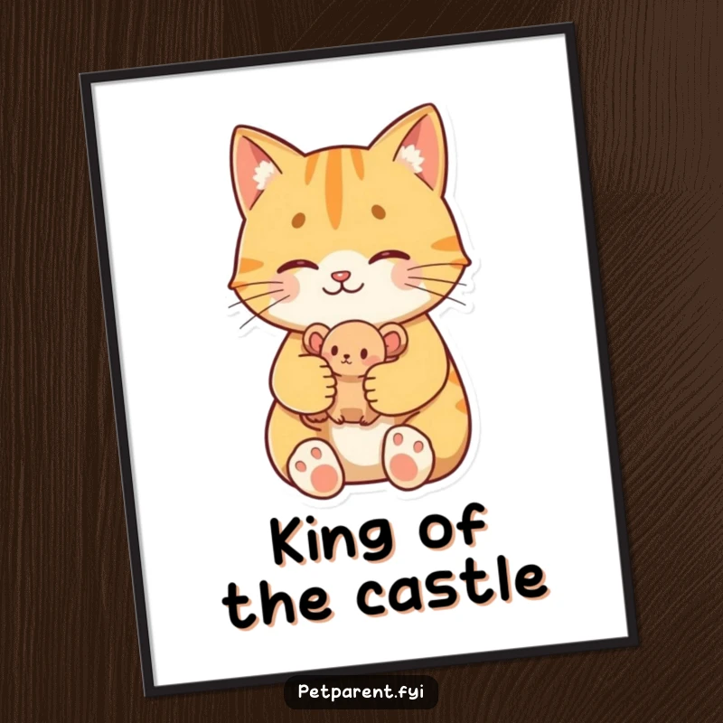 Funny Proud Cat Poster: A proud cat character displays a toy mouse, a humorous piece of art for cat lovers.