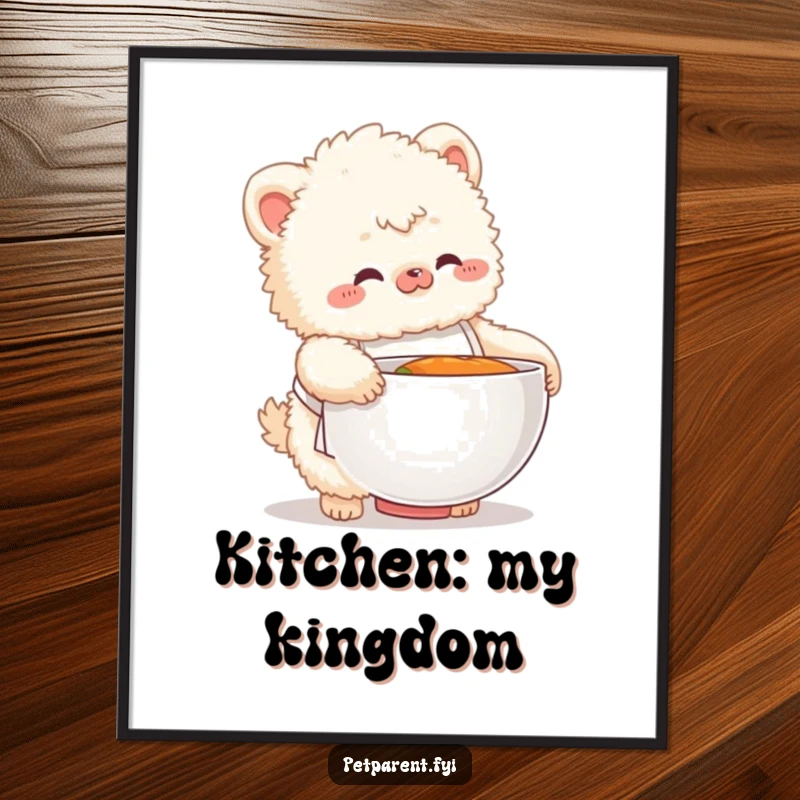 Funny poster of a fluffy creature in a small apron fumbling with a giant food bowl, evoking comic kitchen mishaps.