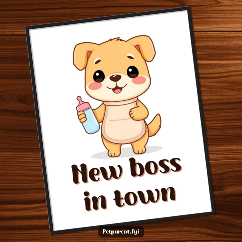 Funny poster art of a happy dog in an apron holding a baby bottle, perfect for humorous wall decor.