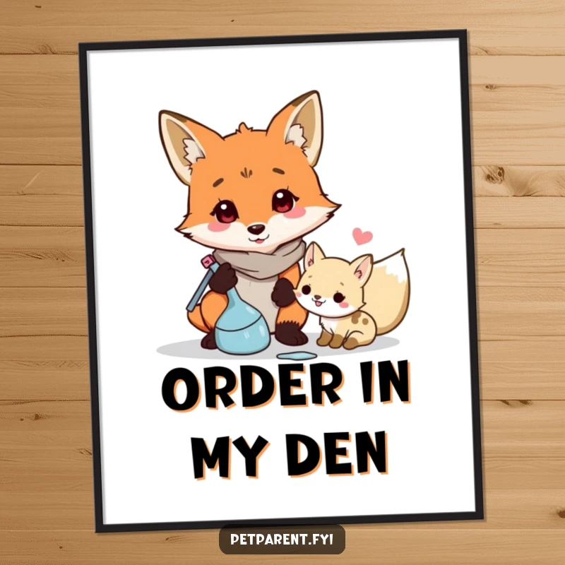 Funny and responsible wall art poster of a fox character cleaning up messes, perfect for organized spaces.