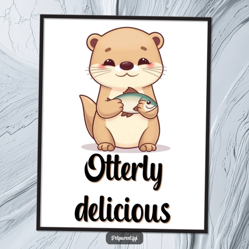 Funny and caring wall art poster of an otter character holding a small fish, perfect for decorative spaces.