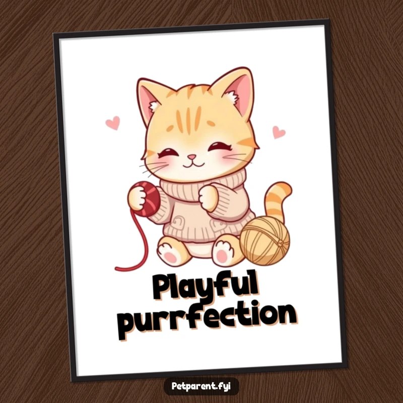 Funny poster art of a playful cat in a sweater batting a ball of yarn, evoking joy and feline antics.