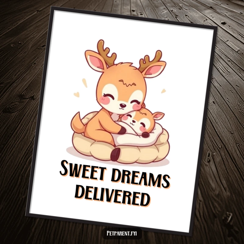 Funny poster featuring a deer offering a bed, a humorous and heartwarming piece of wall art for animal lovers.
